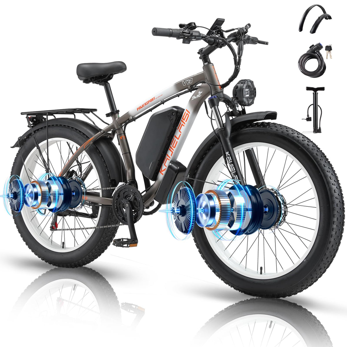 KAIJIELAISI Electric Bike for Adults AWD Ebike Dual Motor 4000W Peak 26'' Fat Tire Ebikes with 48V 22.4AH Battery