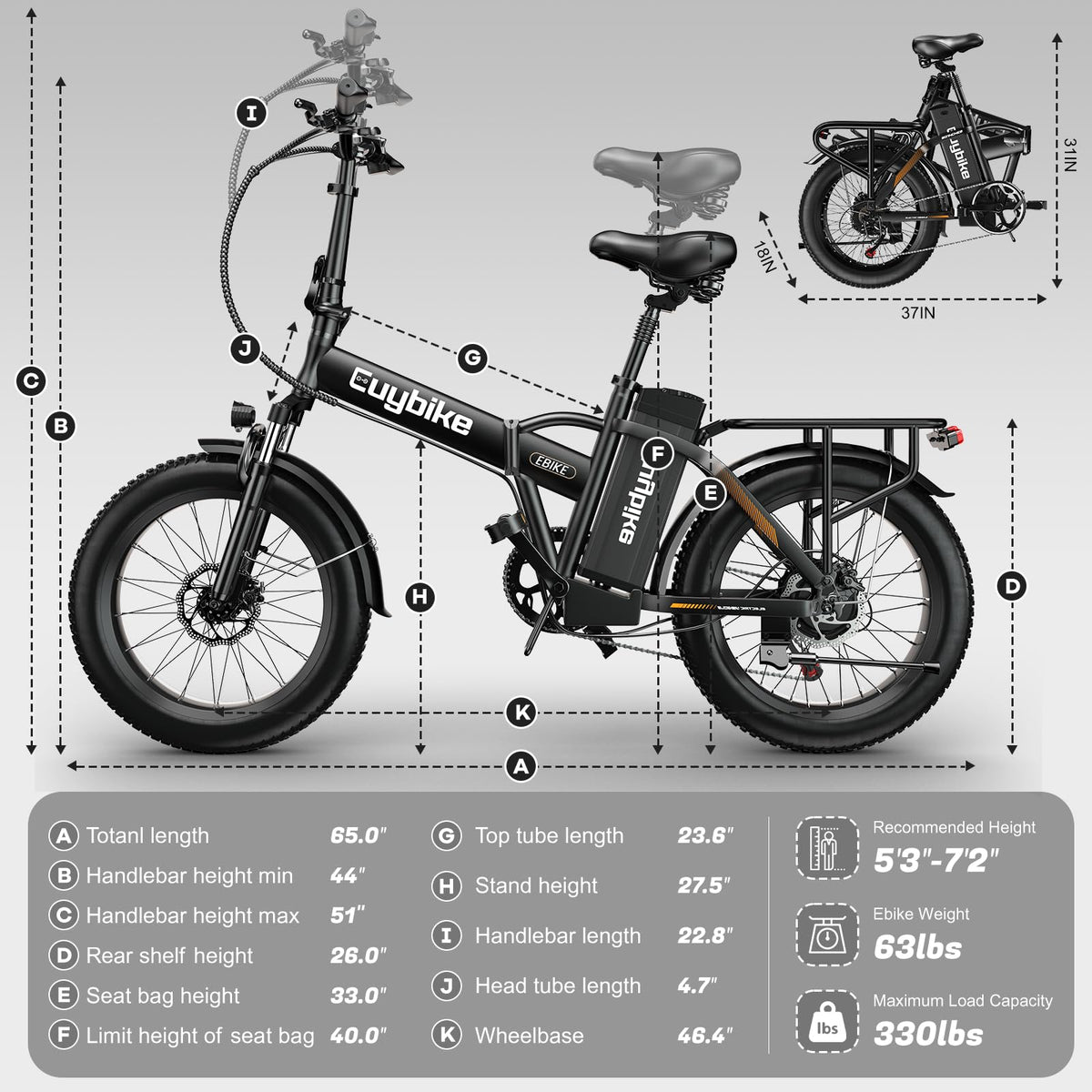 EUYBIKE Foldable Electric Bike for Adults, 48V 20Ah Removable Battery up to 80Miles, 20