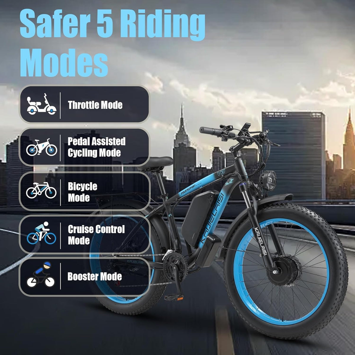 KAIJIELAISI Electric Bike for Adults AWD Ebike Dual Motor 4000W Peak 26'' Fat Tire Ebikes with 48V 22.4AH Battery