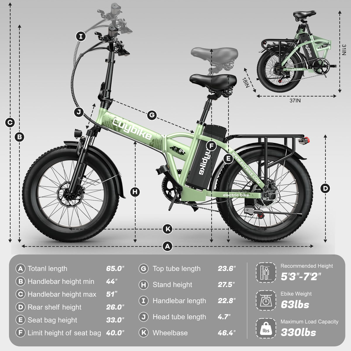 EUYBIKE Foldable Electric Bike for Adults, 48V 20Ah Removable Battery up to 80Miles, 20