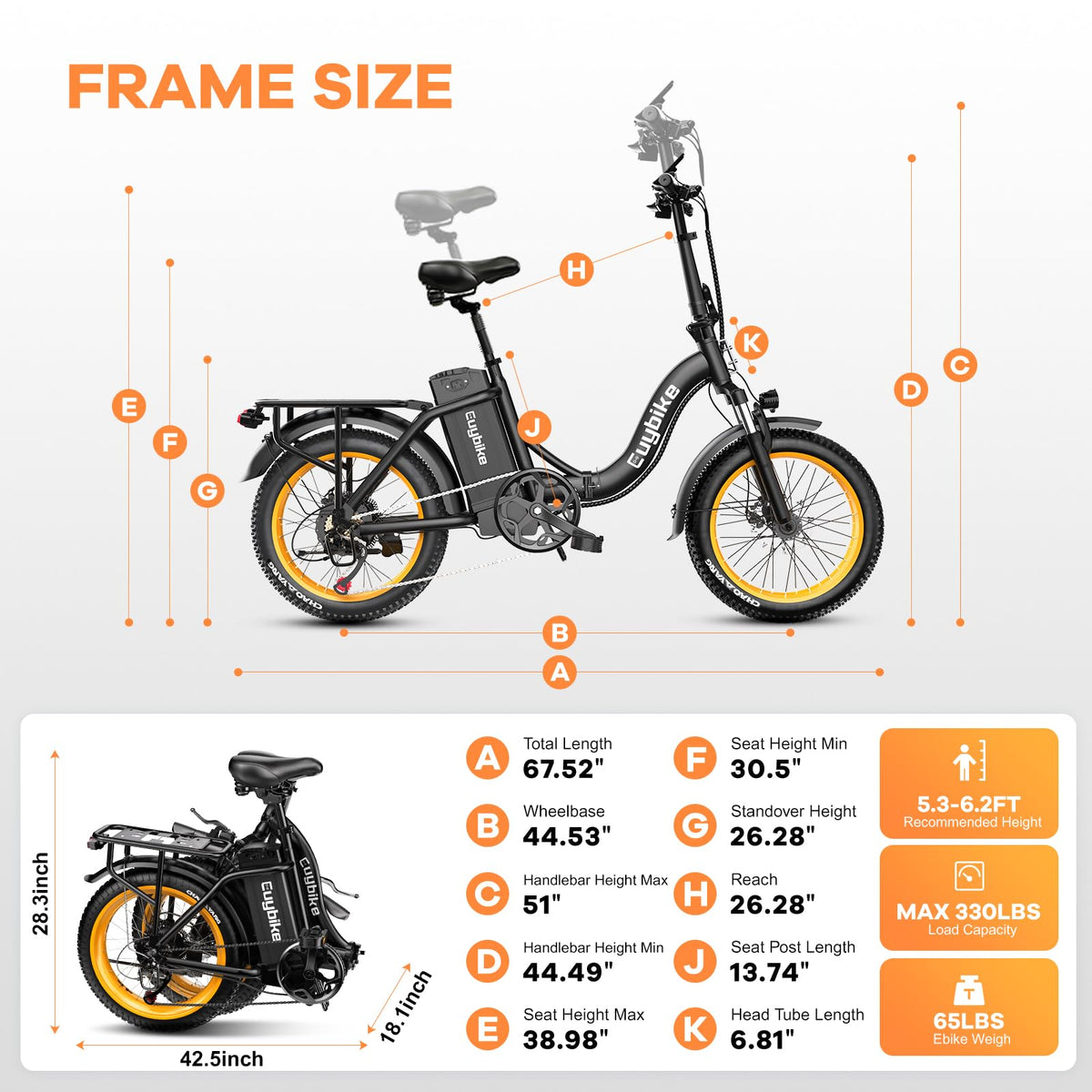 EUYBIKE Folding Electric Bike for Adults with Peak 1000W Motor, 48V 20AH Battery up to 80 Miles, 20