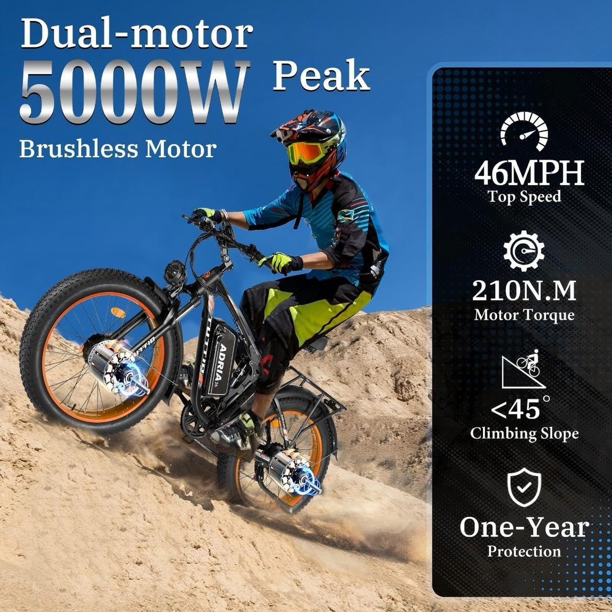 Adria26 Peak 5000W/6000W Dual Motor Ebike, 40-46MPH Electric Bike for Adults, 26