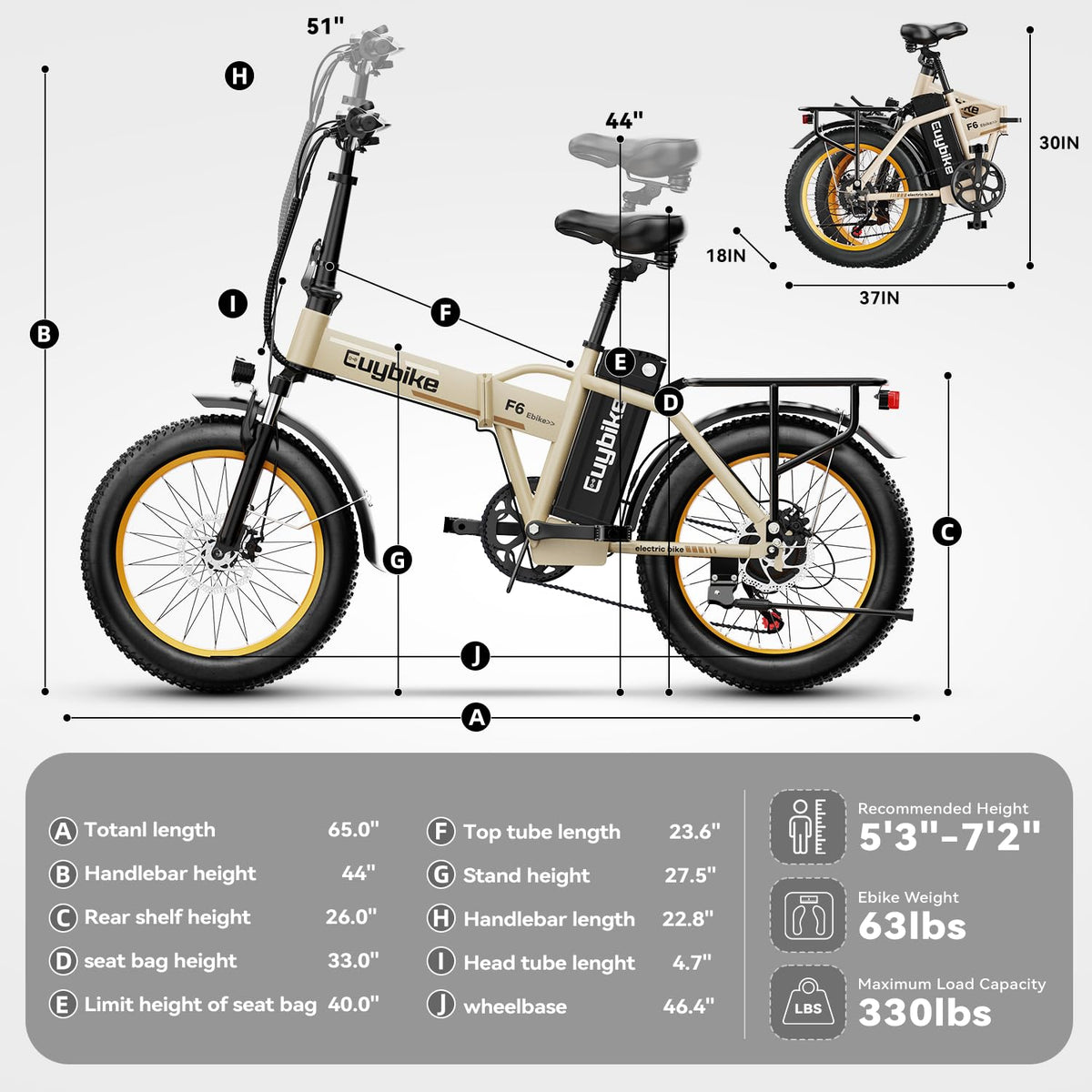 EUYBIKE Foldable Electric Bike for Adults, 48V 20Ah Removable Lithium Battery up to 80Miles, 20