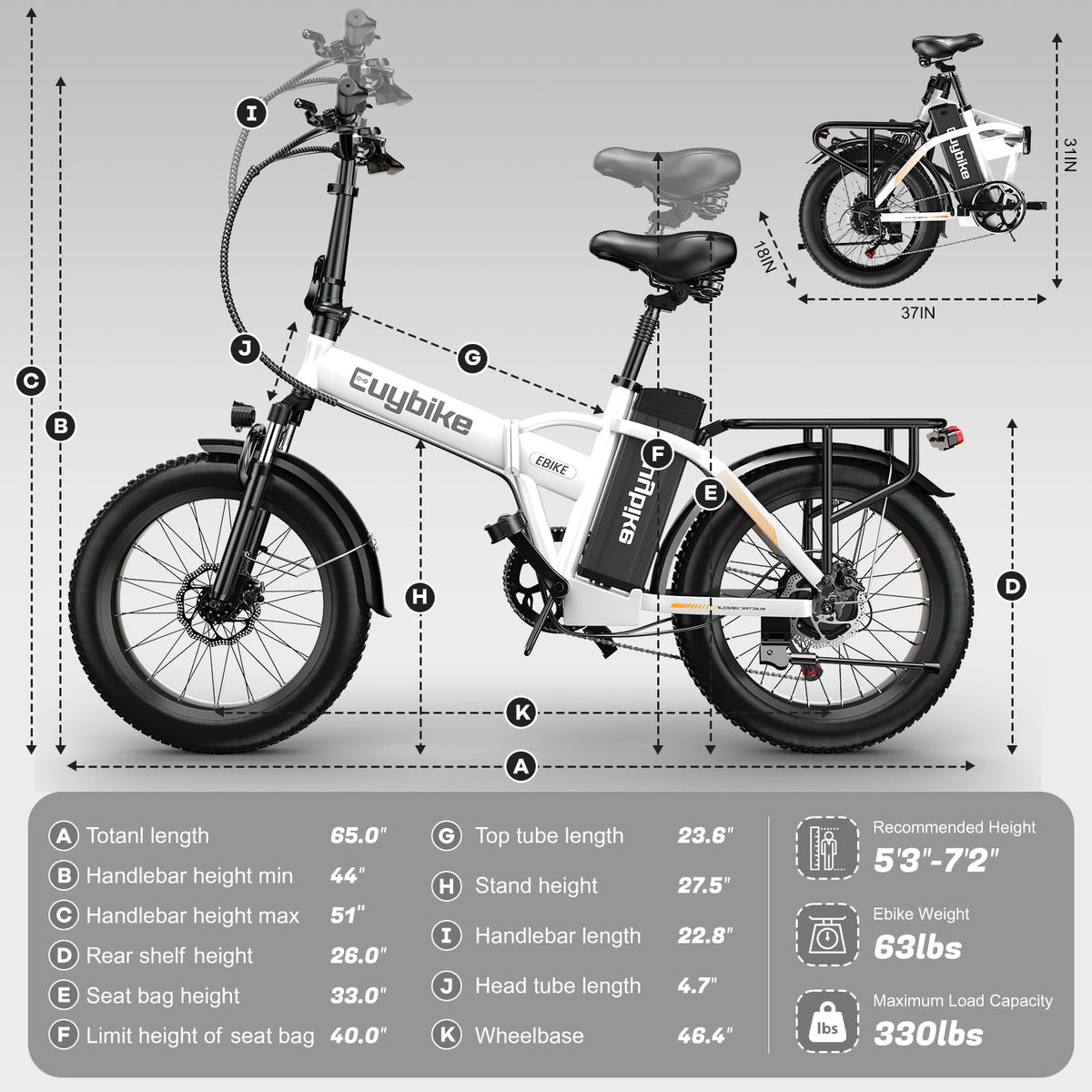 EUYBIKE Foldable Electric Bike for Adults, 48V 20Ah Removable Battery up to 80Miles, 20