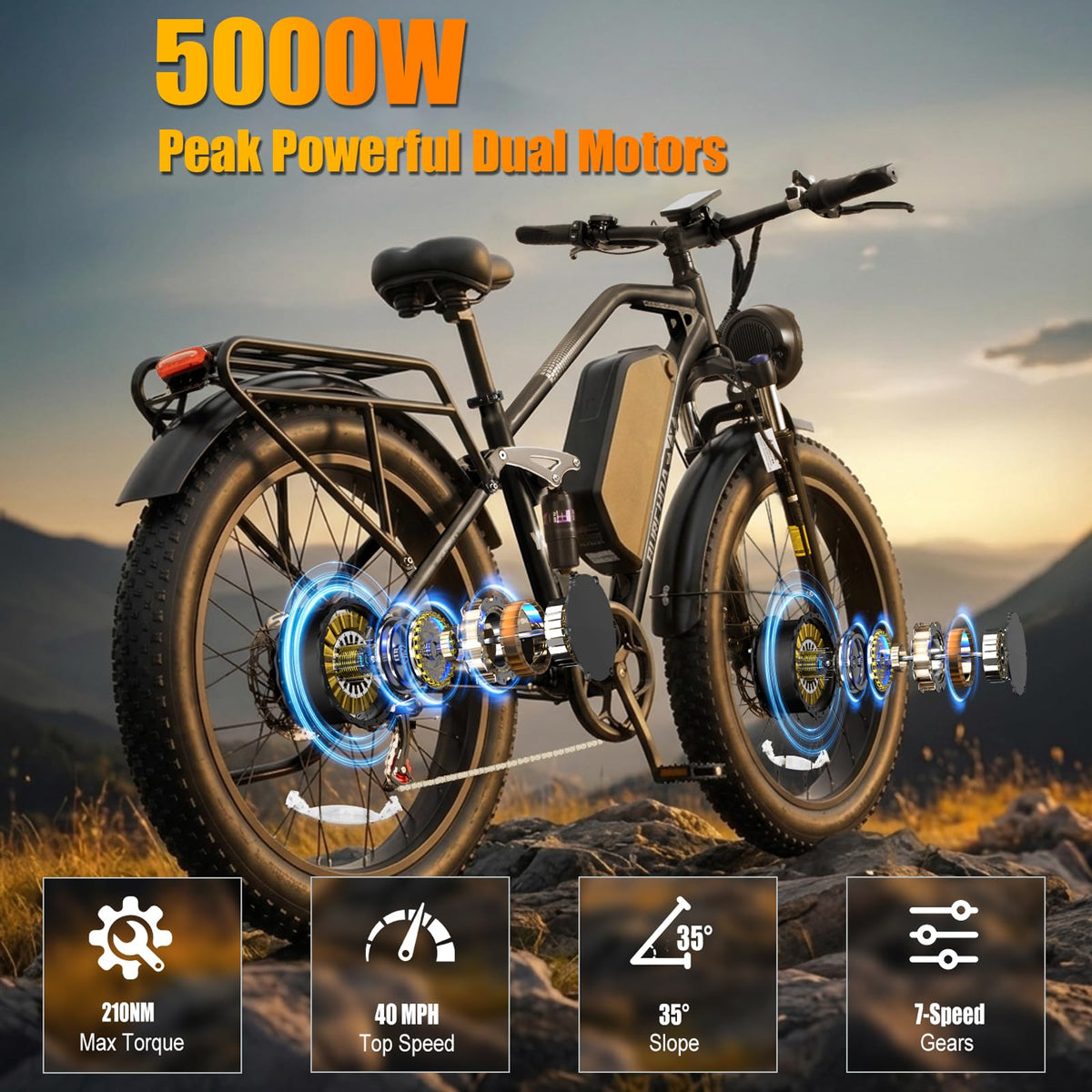 5000W Peak AWD Dual Motor Electric Bike for Adults Up to 90 Mi Long Range