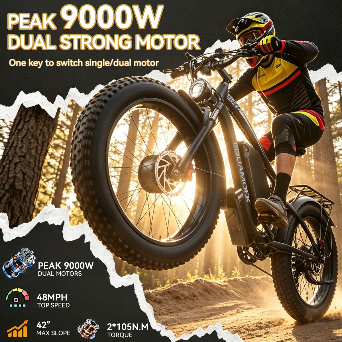 9000W-Peak 58V Peak 34Ah Dual-Motor-Ebike for Adult Max 48MPH Up to 105 Mi