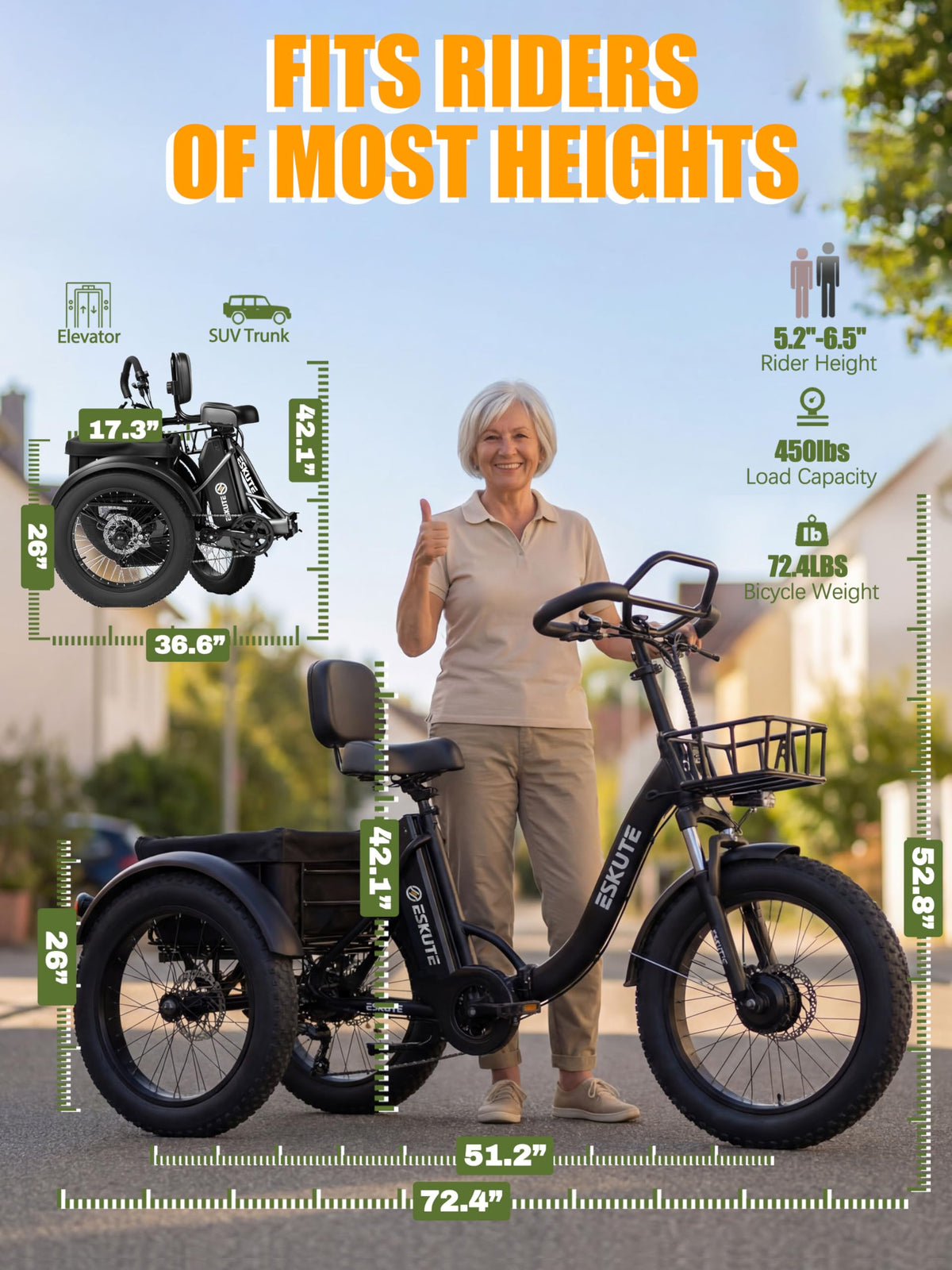 ESKUTE T300 Pro Electric Trike for Adults, 998.4Wh Long-Range Battery, 1200W Peak Motor, 20