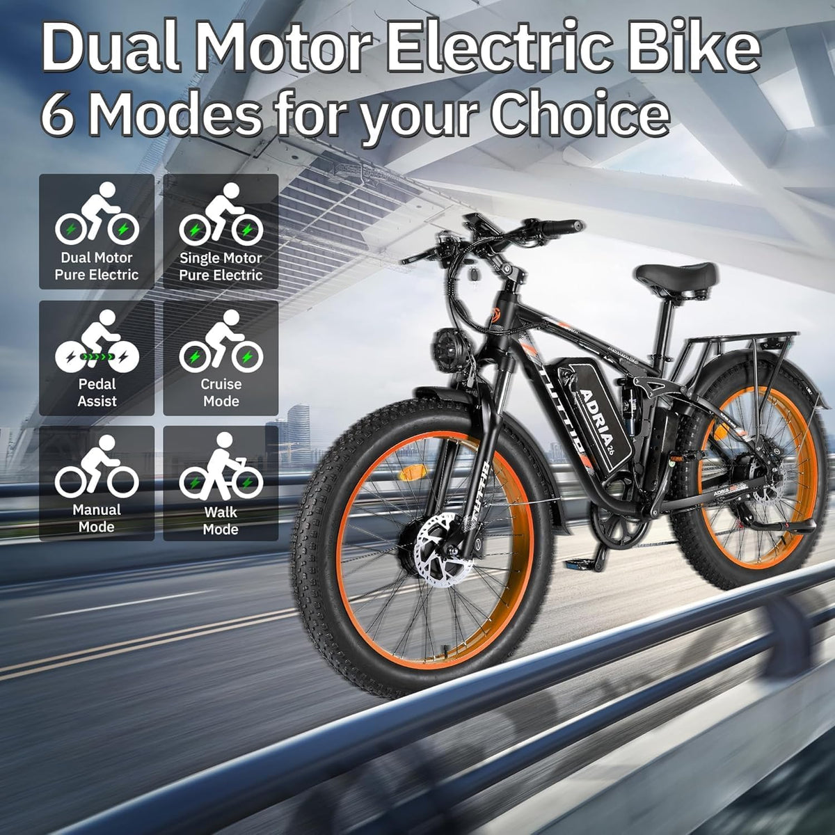 Adria26 Peak 5000W/6000W Dual Motor Ebike, 40-46MPH Electric Bike for Adults, 26