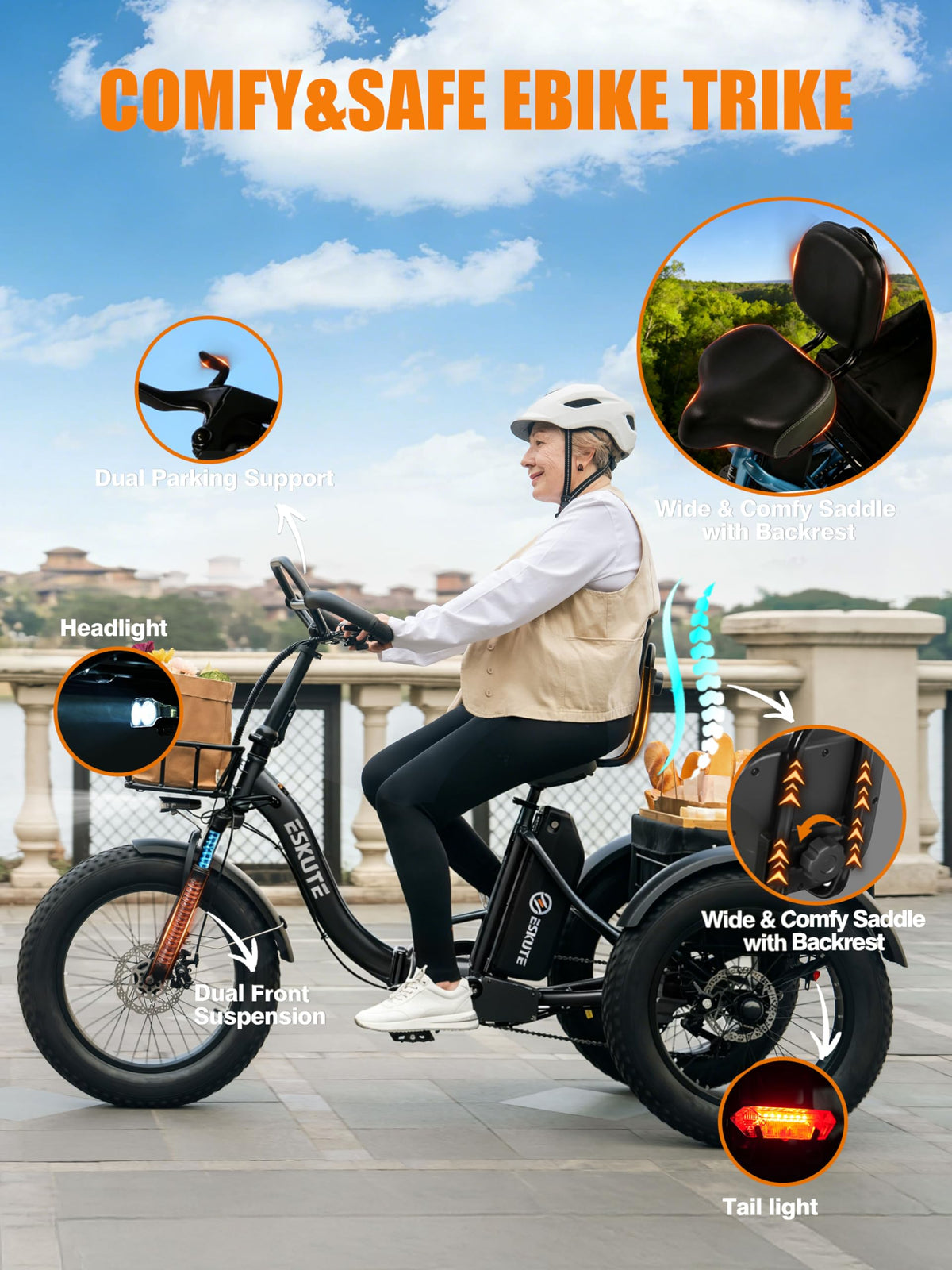 ESKUTE T300 Pro Electric Trike for Adults, 998.4Wh Long-Range Battery, 1200W Peak Motor, 20