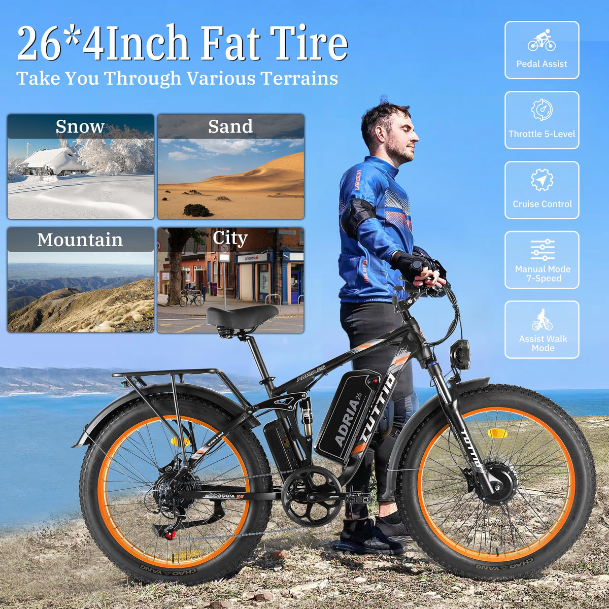 Adria26 Peak 5000W/6000W Dual Motor Ebike, 40-46MPH Electric Bike for Adults, 26